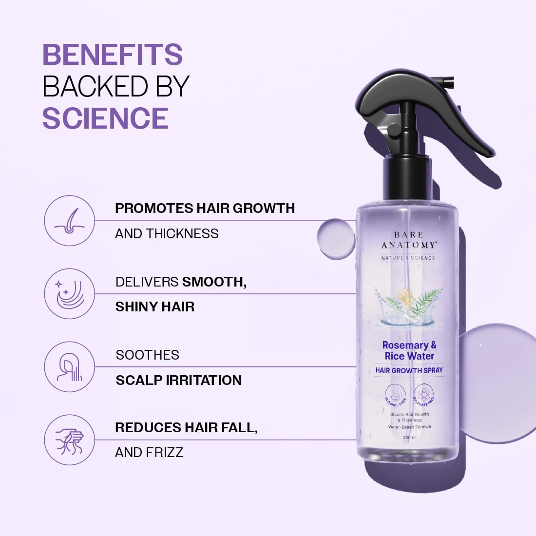 Bare Anatomy Rosemary & Rice Water Growth Spray | Thicker, Voluminous & Hydrated Hair | Reduces Breakage | Non Greasy & Fast Absorbing | 100% Natural Extract | All Hair Types | 100ml