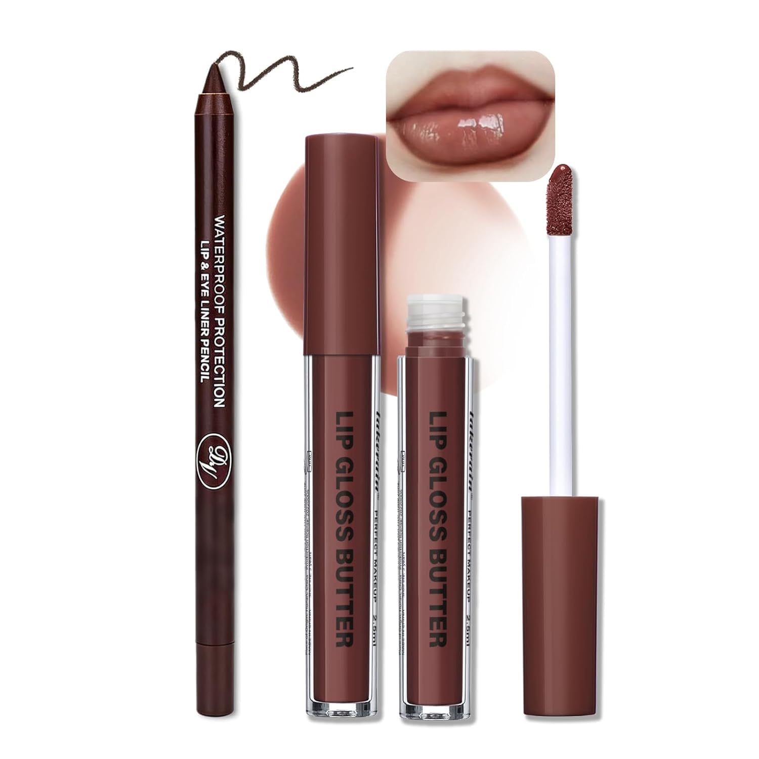 Lip Gloss and Lip Liner Set, Tinted Lip Gloss with Lip Pencil, Waterproof Long Lasting Glossy Lip Combo, Nude Lip Makeup Kit for Women (#V02+104) Halalzen