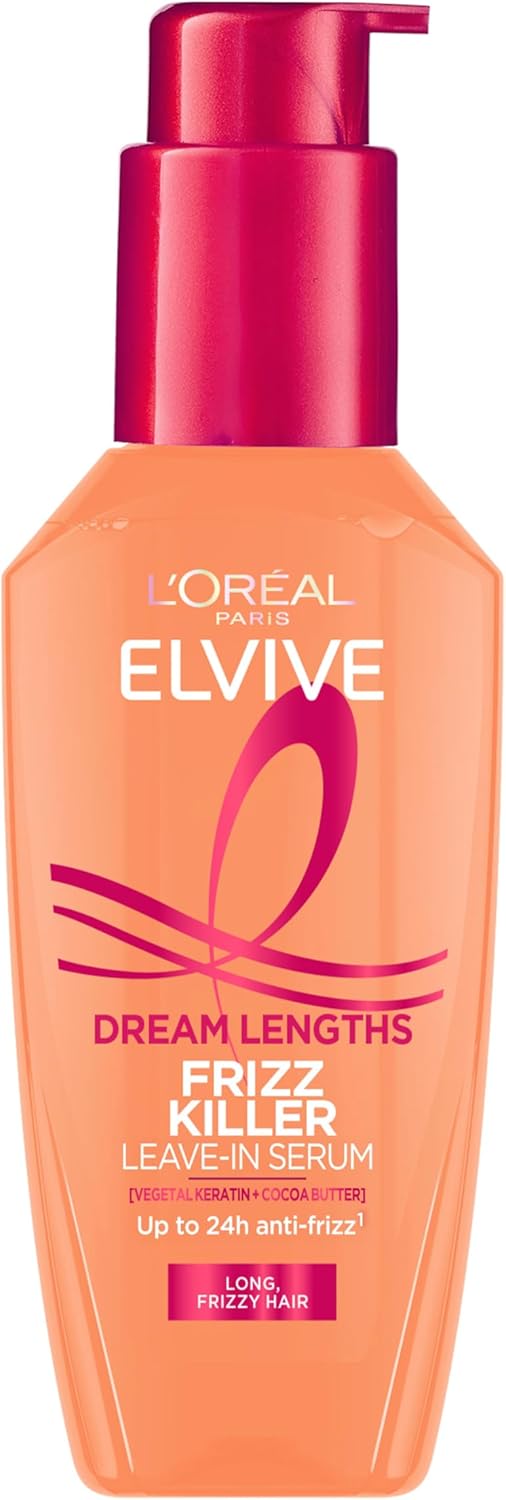 L’Oréal Paris Hair Serum, Elvive Dream Lengths Frizz Killer Serum – 230°C Heat Protection, All Day Anti-Frizz & Static Control – Enriched with Vegetal Keratin & Cocoa Butter, Silicone-Free, 100ml