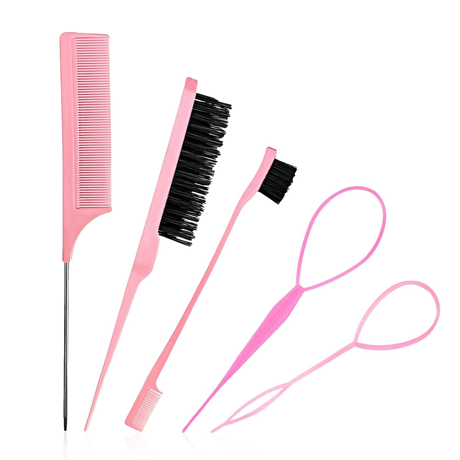 5 Pcs Slick Brush Set, Plastic Bristle Hair Brush and Teasing Comb and Topsy Tail Hair Tool, Rat Tail Comb Double Sided Edge Brushes for Hairs Slicking, Brushing, Combing and Styling(COLOR:Pink) Halalzen