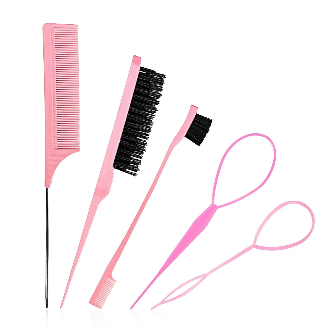 5 Pcs Slick Brush Set, Plastic Bristle Hair Brush and Teasing Comb and Topsy Tail Hair Tool, Rat Tail Comb Double Sided Edge Brushes for Hairs Slicking, Brushing, Combing and Styling(COLOR:Pink) Halalzen
