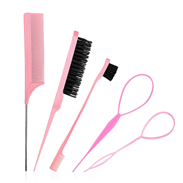 5 Pcs Slick Brush Set, Plastic Bristle Hair Brush and Teasing Comb and Topsy Tail Hair Tool, Rat Tail Comb Double Sided Edge Brushes for Hairs Slicking, Brushing, Combing and Styling(COLOR:Pink) Halalzen