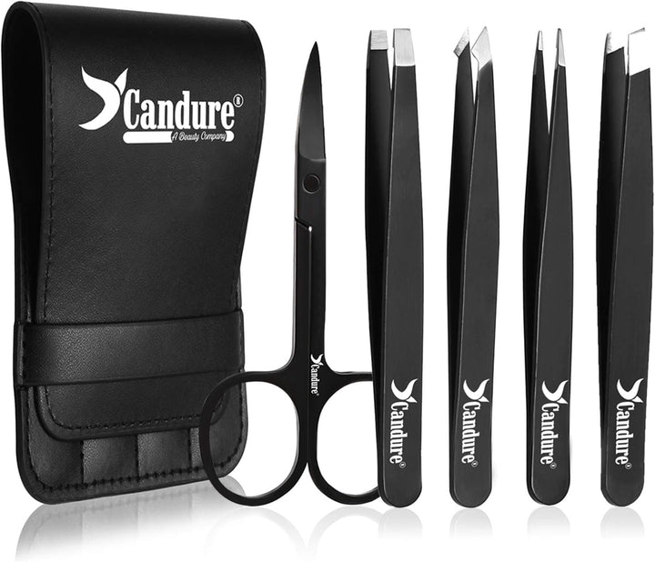 Candure Tweezers for Eyebrows - Professional Stainless Steel Slanted and Pointed Tip Hair Tweezers Set for Ingrown Hair, Blackhead Removal, Eyebrows Plucking Beauty Tool for Women Halalzen