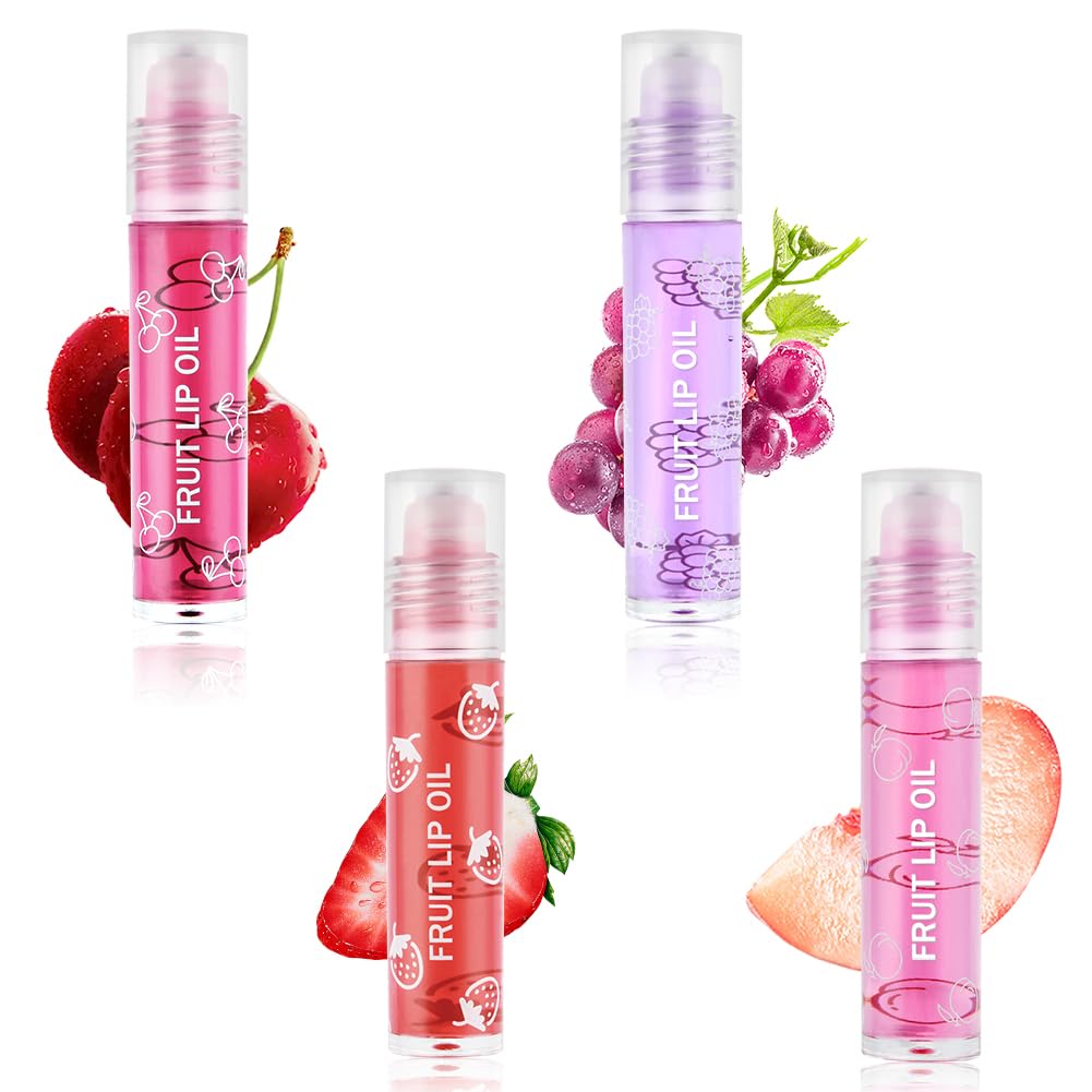 AOOWU 6 Pcs Hydrating Lip Oil Set, Fruit-Flavored Plumping Lip Oil, Long Lasting Lip Glow Balm Lip Care, Transparent Moisturizing No-Sticky Lip Gloss(Peaches,Orange,Avocado,Strawberry,Grape,Cherry)8ML