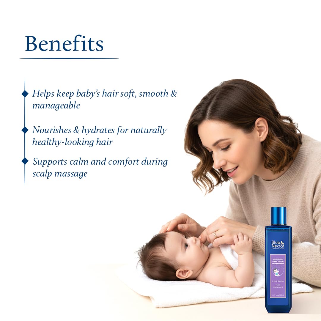Blue Nectar Ayurvedic Baby Hair Oil for Newborn with Organic Ghee, Almond, Olive & Coconut Oil for Hair Growth and Scalp Moisturization (18 Herbs, 100ml) Halalzen