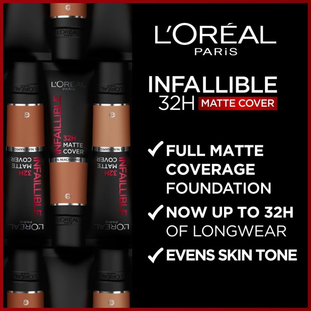 L'Oreal Paris Cover Liquid Foundation, With 4% Niacinamide, Long Lasting, Natural Finish, Available in 20 Shades, SPF 25, Infallible 32H Matte Cover, Shade 110, 30ml Halalzen