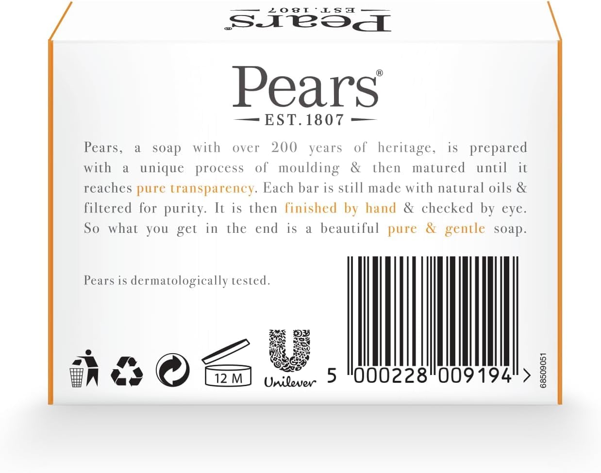 Pears Pure & Gentle Transparent Natural Soap Bar - Made with Mint Extracts, Nourishing and Refreshing Bathing Cleanser, Gentle & Soothing Skin Care, Pure Transparency, Pack of 12 x 125g Halalzen