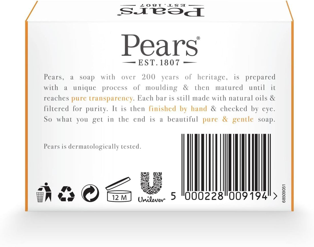 Pears Pure & Gentle Transparent Natural Soap Bar - Made with Mint Extracts, Nourishing and Refreshing Bathing Cleanser, Gentle & Soothing Skin Care, Pure Transparency, Pack of 12 x 125g Halalzen