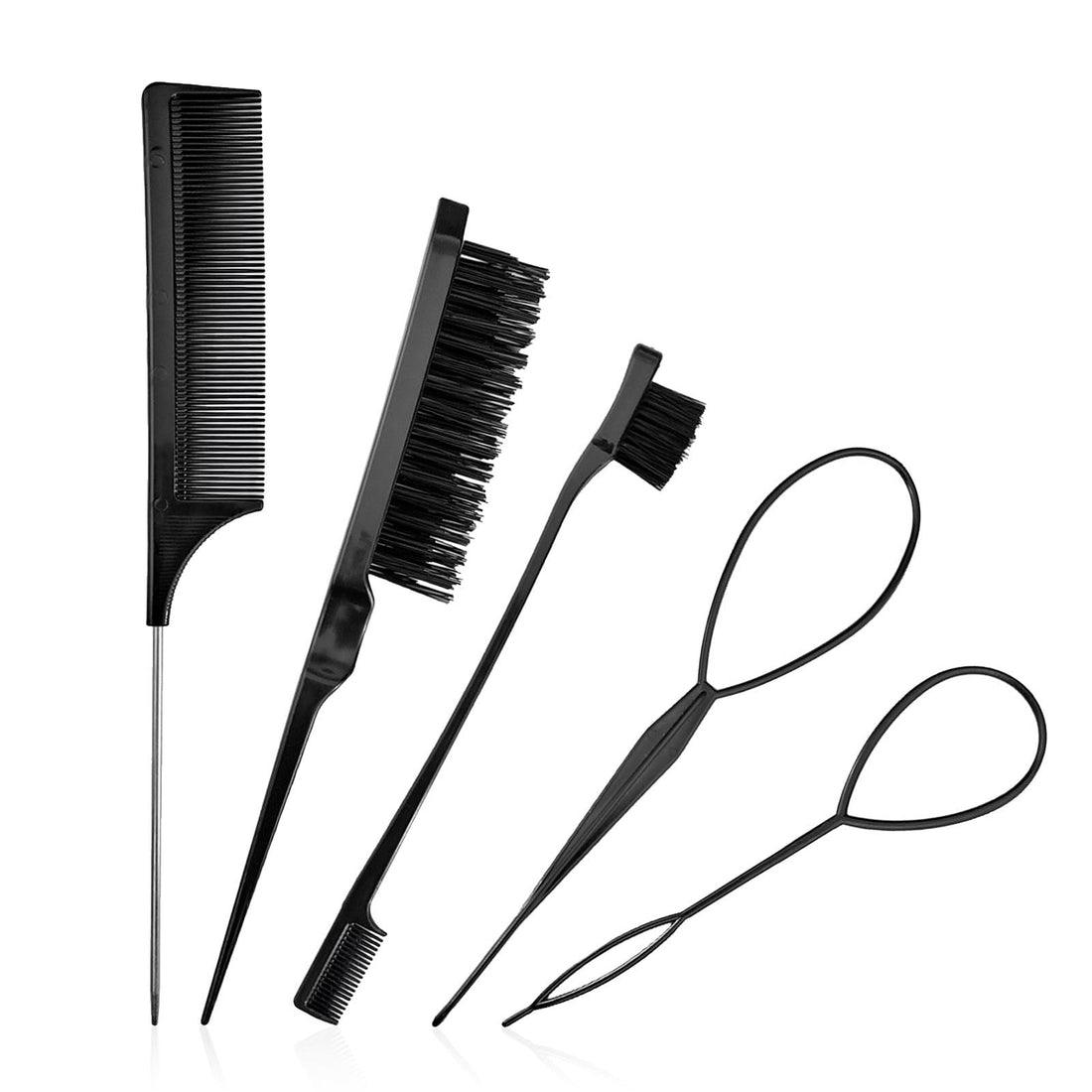 5 Pcs Slick Brush Set, Plastic Bristle Hair Brush and Teasing Comb and Topsy Tail Hair Tool, Rat Tail Comb Double Sided Edge Brushes for Hairs Slicking, Brushing, Combing and Styling(COLOR:Pink) Halalzen