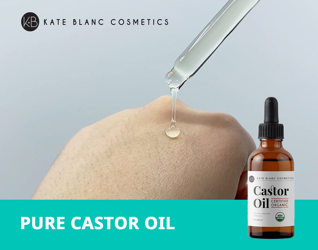 Kate Blanc Cosmetics Castor Oil Organic for Hair, Lashes, Face, Skin (2oz), 100% Pure, Cold Pressed, Hexane Free Hair Oil. Lash Serum for Thicker-Looking Eyelashes & Eyebrows Halalzen