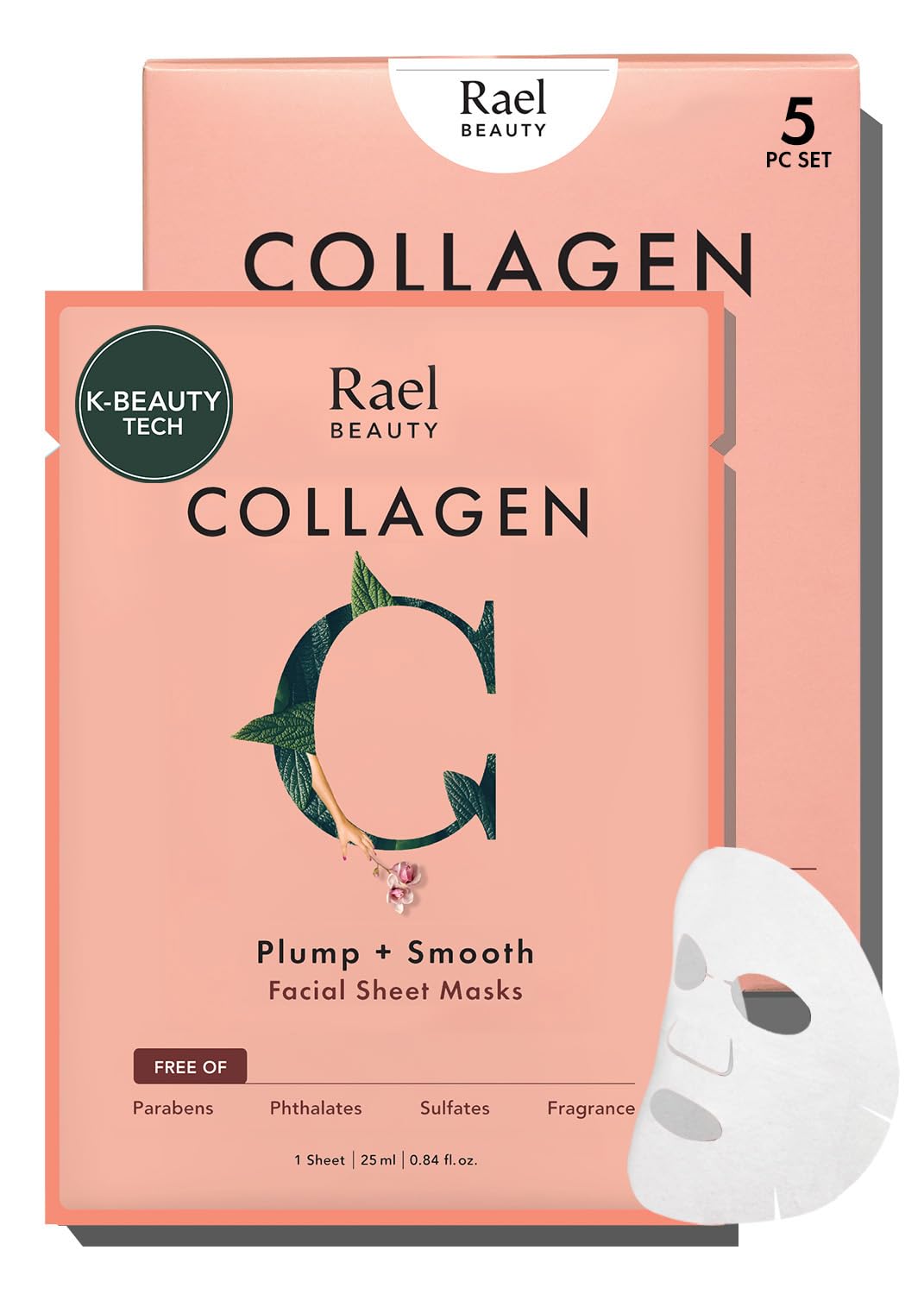 Rael Beauty Collagen + PDRN Face Masks - Korean Skincare for Glass Skin, Smoothing, Salmon PDRN & Hydrolyzed Collagen & Hyaluronic Acid, Anti-Slip Grip, Fragrance & PEGs & Cruelty Free (4 Sheets)