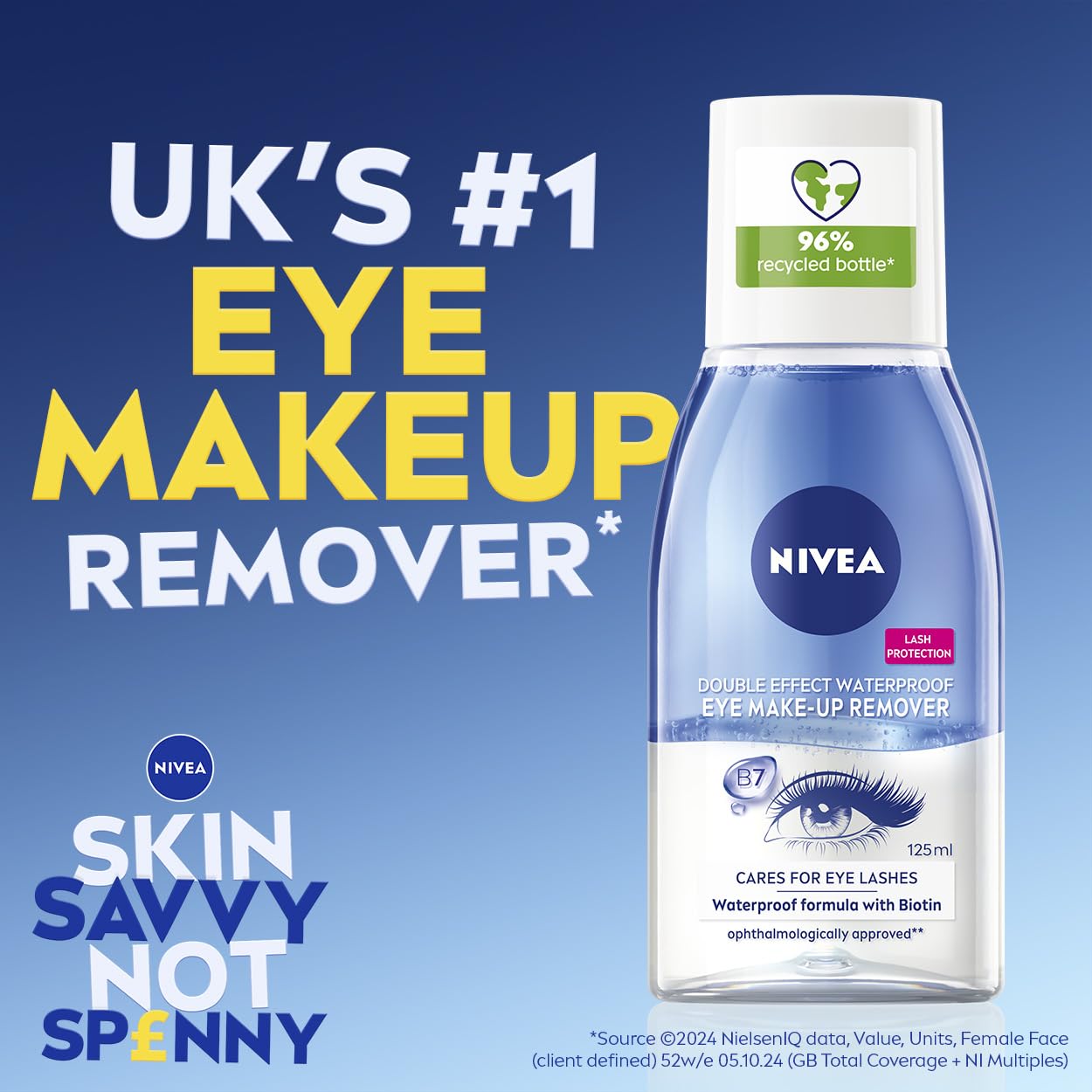 NIVEA Double Effect Waterproof Eye Make-Up Remover (125ml), Daily Use Face Cleanser for Make-Up and Mascara with Cornflower Extract and Biotin Halalzen