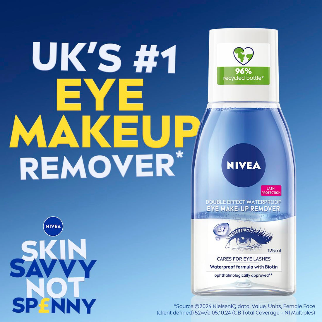 NIVEA Double Effect Waterproof Eye Make-Up Remover (125ml), Daily Use Face Cleanser for Make-Up and Mascara with Cornflower Extract and Biotin Halalzen