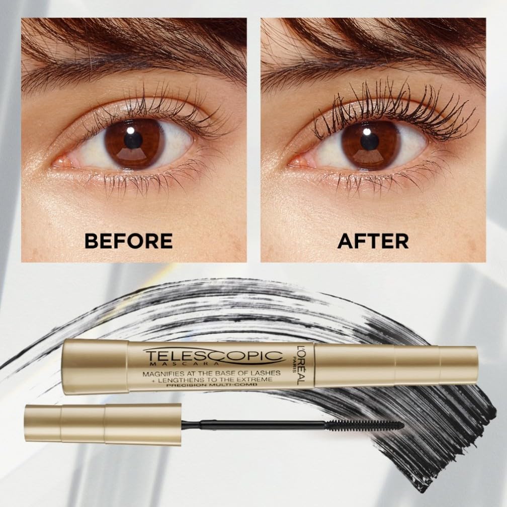 L'Oréal Paris Mascara, Telescopic Original Mascara to Achieve Dramatic Length & Definition, Up to +71% Lengthening Effect, Smudge-Resistant and Long-Wearing Formula for Up to 36H Wear, 8ml Halalzen
