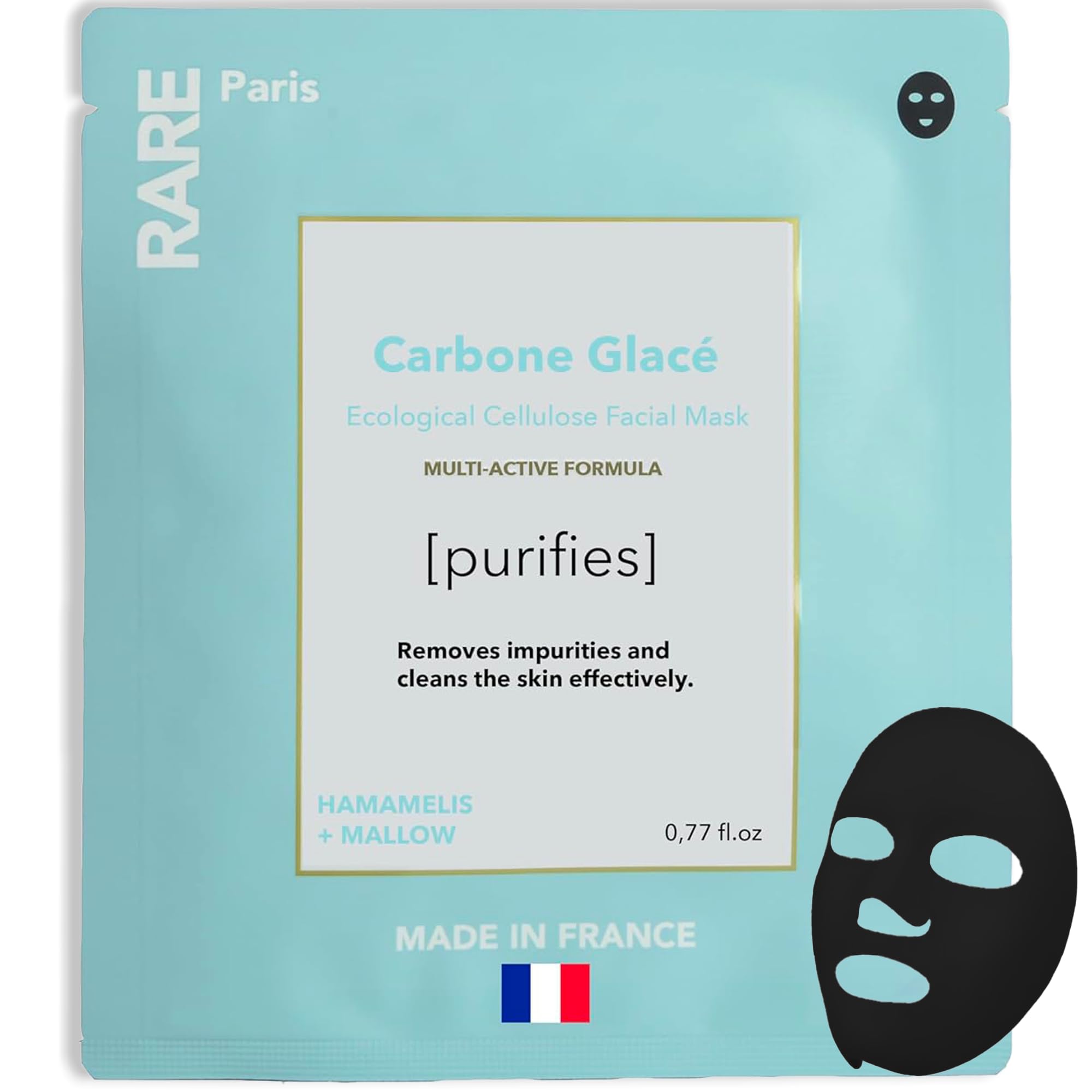 RARE Paris - Carbone Glacé - Purifying Carbon Black Facial Sheet Mask - Cleanses & Tightens - With Hamamelis & Mallow - Purifying, Firming & Revitalizing - Multi-Active Serum Formula - 1 Pack Halalzen