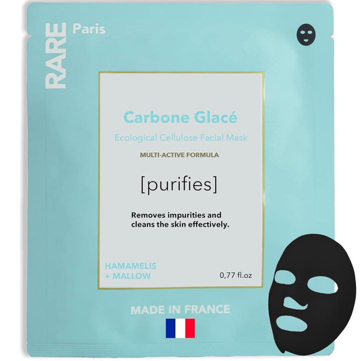 RARE Paris - Carbone Glacé - Purifying Carbon Black Facial Sheet Mask - Cleanses & Tightens - With Hamamelis & Mallow - Purifying, Firming & Revitalizing - Multi-Active Serum Formula - 1 Pack Halalzen