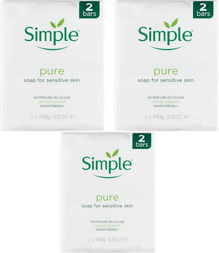 PBW INTERNATIONAL Simple Pure Soap Bars For Sensitive Skin Pack of 6 (6 x 100g) - 3 x Twin Packs Halalzen