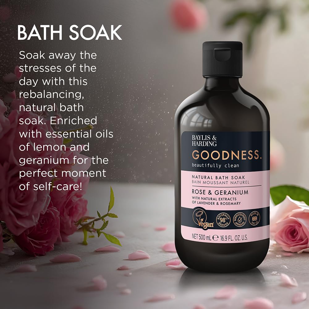 Baylis & Harding Goodness Rose & Geranium Natural Body Wash, 500 ml (Pack of 3) - Vegan Friendly