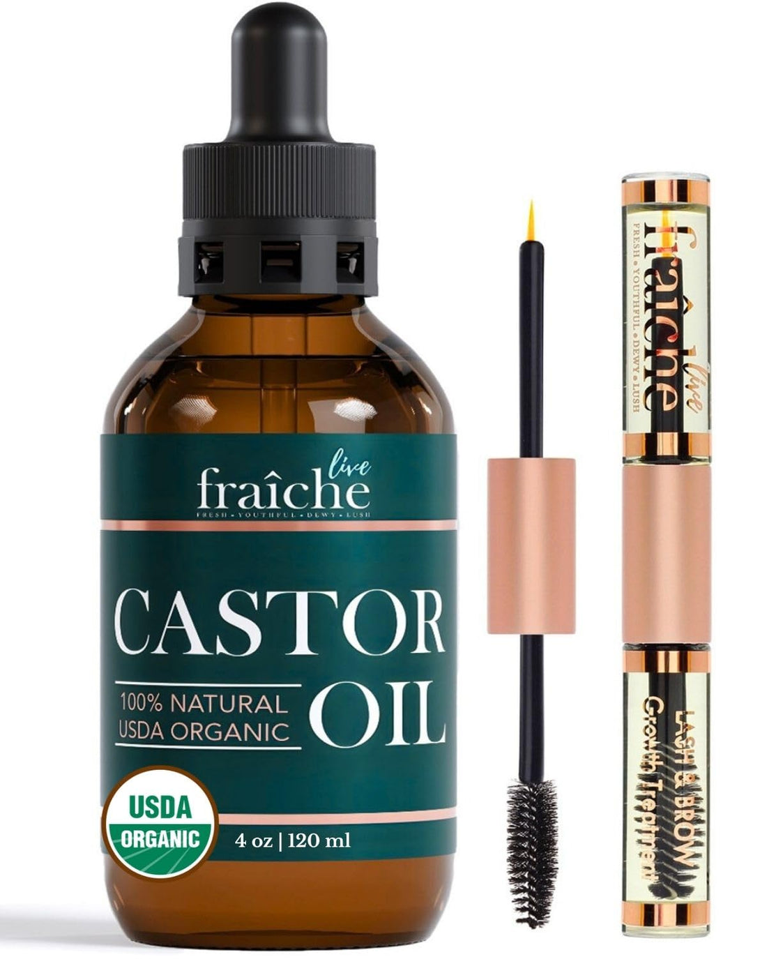 Live Fraiche Organic Castor Oil Lash Serum for Hair Growth, Eyebrow Eyelash Growth Serum, 100% Pure Cold Pressed Hexane Free (2oz Glass Bottle + FILLED Mascara Tube) Halalzen