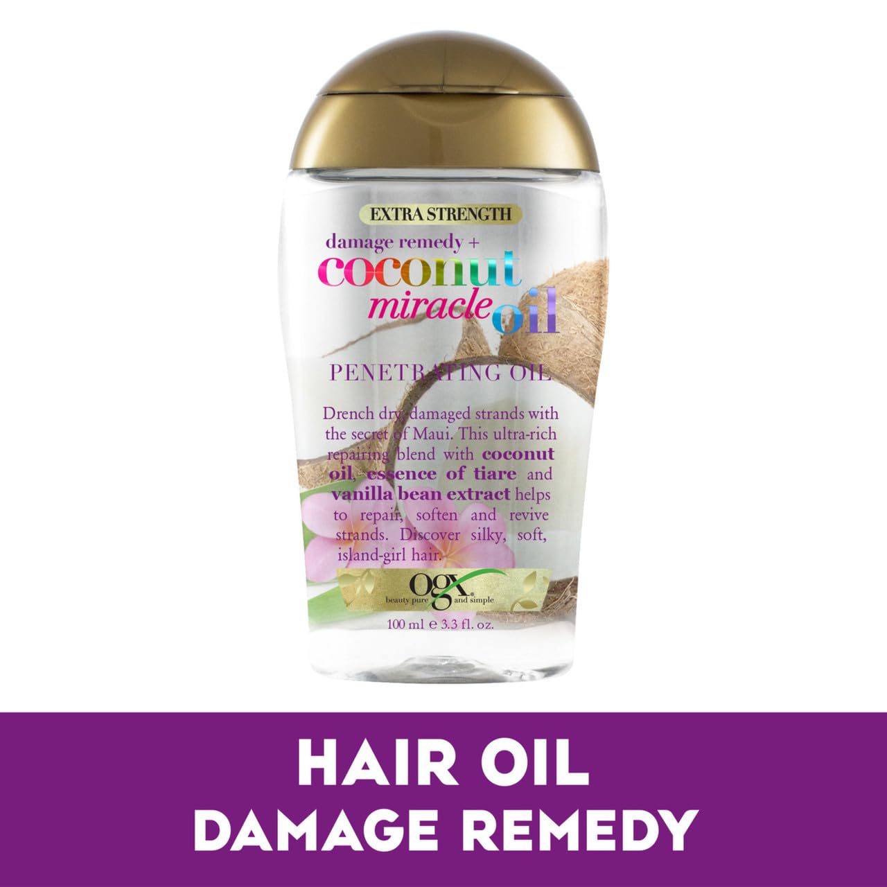 OGX Coconut Miracle Oil Extra Strength Penetrating Hair Oil for Dry, Damaged, and Frizzy Hair, Intense Hydration, Frizz Control, and Shine with Coconut Oil, Tiare, and Vanilla Bean Extracts, 100 ml