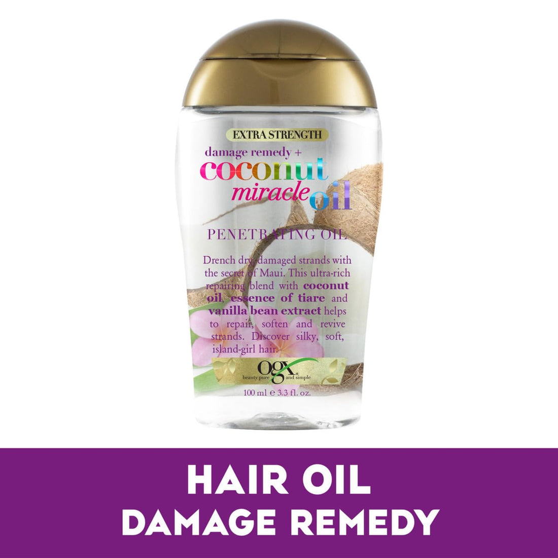 OGX Coconut Miracle Oil Extra Strength Penetrating Hair Oil for Dry, Damaged, and Frizzy Hair, Intense Hydration, Frizz Control, and Shine with Coconut Oil, Tiare, and Vanilla Bean Extracts, 100 ml