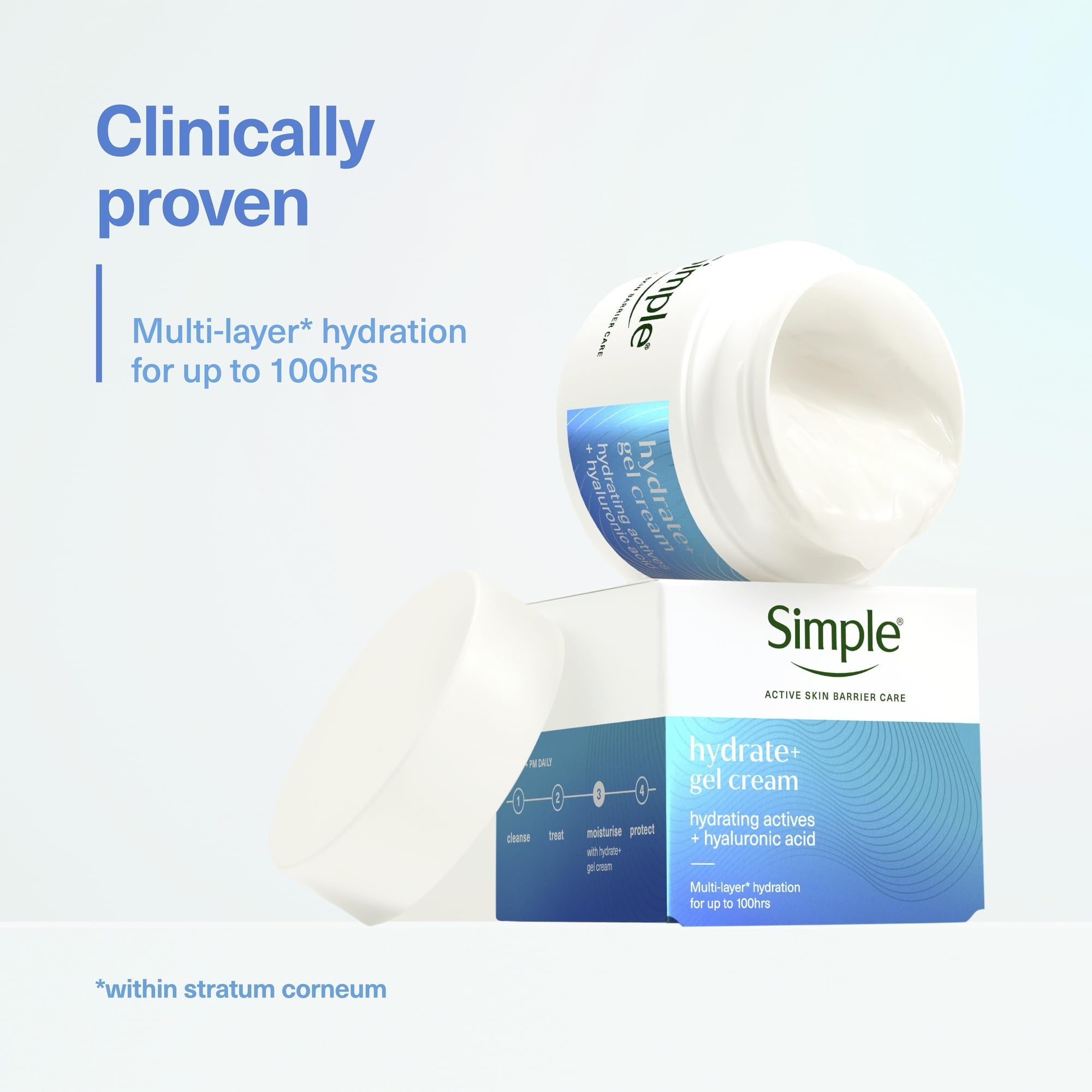 Simple Hydrate+ Facial Moisturiser, Hydrating Actives + Hyaluronic Acid, Multi-Layer* Hydration up to 100 Hours, Gel Cream Day Moisturiser for Sensitive Skin, 50 ml