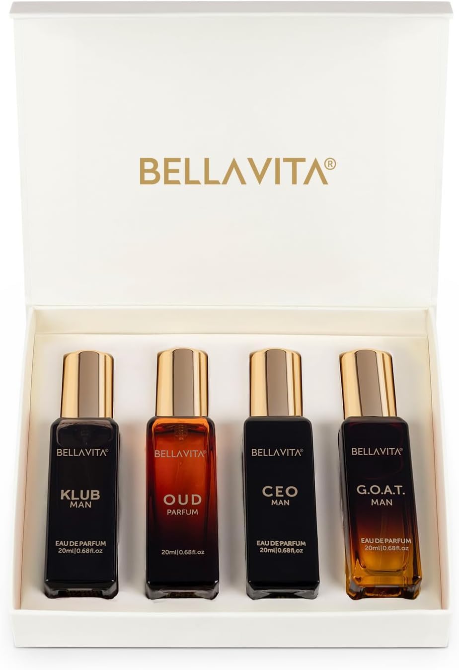 Coffret Cadeau de Parfums de Luxe pour Homme Bellavita avec CEO Man, G.O.A.T., Klub et Oud | 80 ml | Parfum pour Homme | Notes de Lavande, Patchouli, Citron et Caramel | Parfum Homme Longue Durée