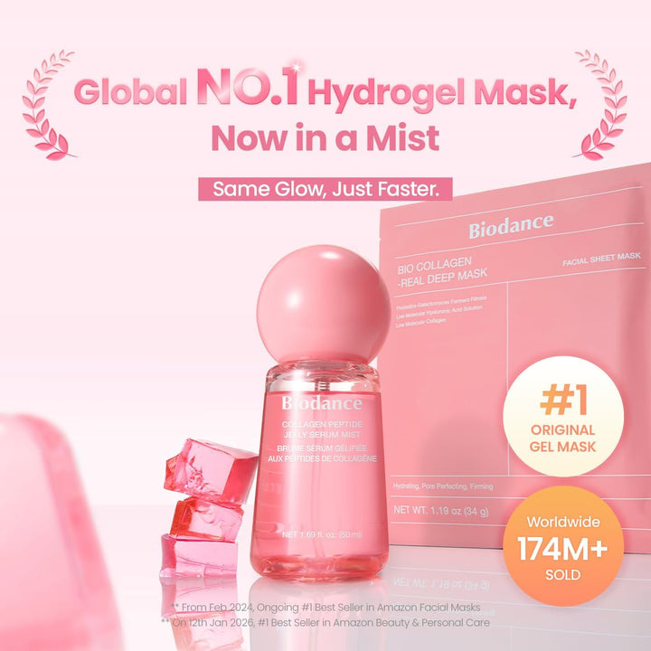 BIODANCE Collagen Peptides Jelly Serum Facial Mist 50ml | Jelly-to-Mist Hydrating Face Mist, Plumping, Anti-Aging Face Spray, Sprayable Hydrogel | 243Da Collagen & 10 Signal Peptides | Korean Skincare