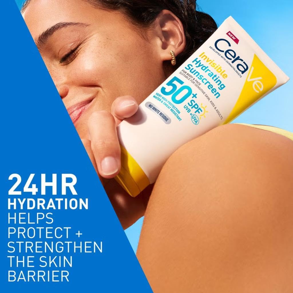 CeraVe Invisible Hydrating Sunscreen SPF 50+, Broad Spectrum UVB UVA Protection, With 3 Essential Ceramides, MVE Technology, Body and Face, For Sensitive Skin, Kids & Adults, Water Resistant, 75ml