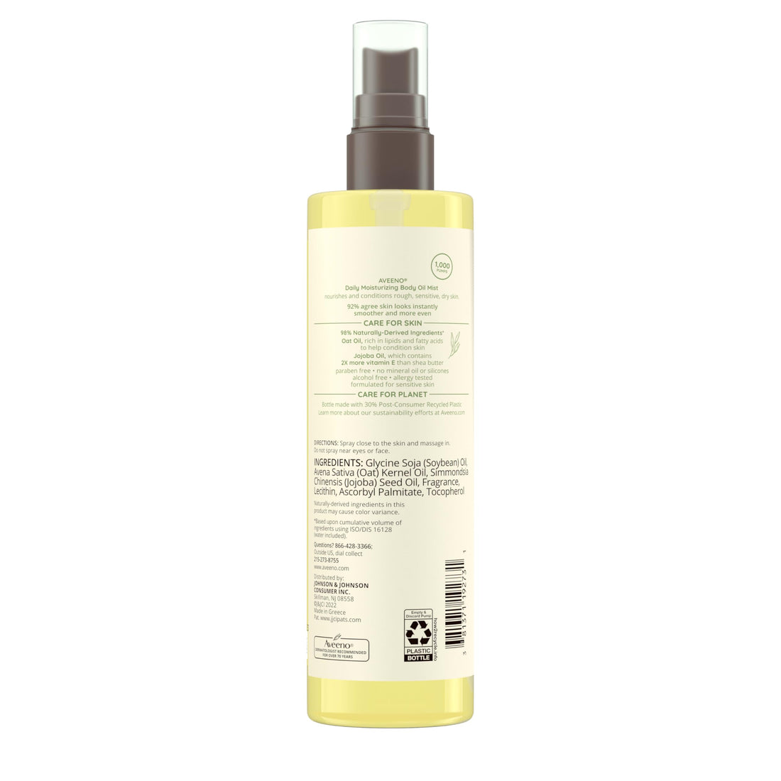 Aveeno Daily Moisturizing Body Oil Mist with Oat Oil and Jojoba Oil for Rough, Dry, Sensitive Skin, Nourishing Body Spray for Smoother, More Even Skin, Paraben- & Silicone-Free, 6.7 fl. oz