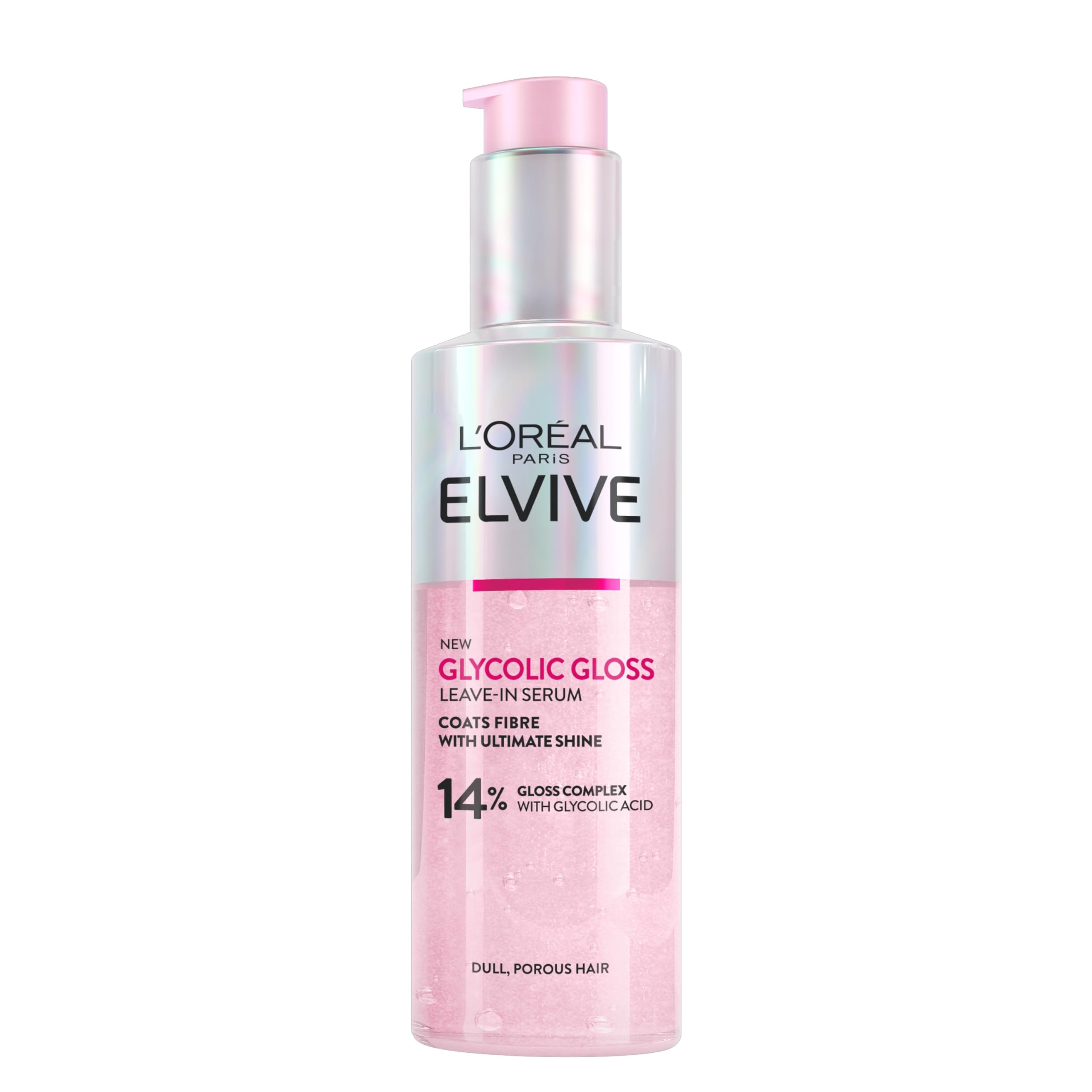 L'Oréal Paris Hair Serum For Dull Lifeless Hair, Elvive Glycolic Gloss Leave-In Treatment With 14% Gloss Complex, Fills Hair Fibres For Smoothness And Heat Damage Protection With Mirror Shine, 150ml
