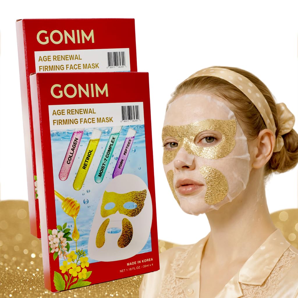 GONIM Korean Face Mask with Integrated Eye Patches with PDRN, Caffeine, Retinol, Collagen Face Mask, Hydrating Face Masks, Hyaluronic Acid Serum Sheet Mask Korean Skin Care Anti Aging 35ml/1.18ozx4 Halalzen