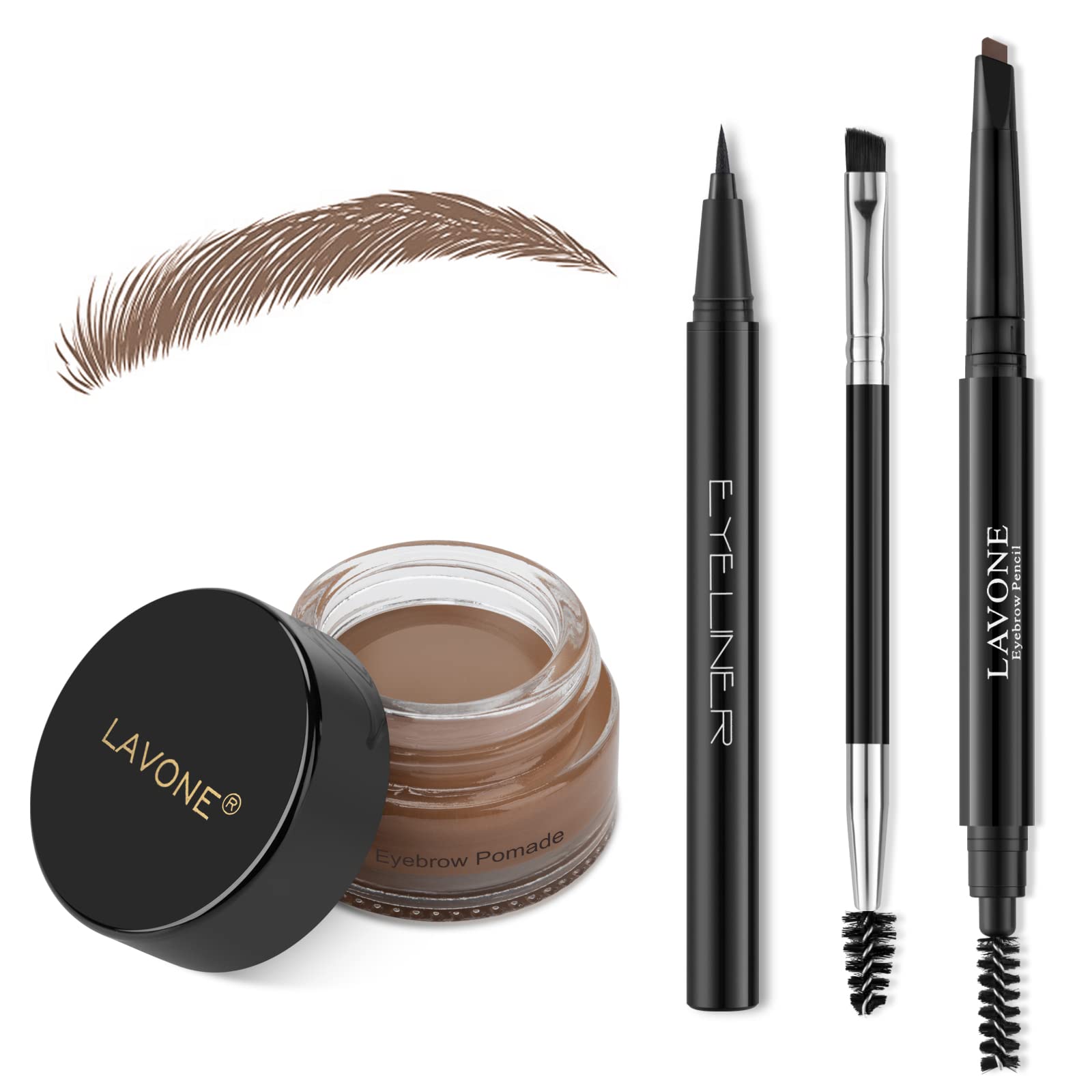LAVONE Makeup Kit With Eyebrow Stamp Pencil, Waterproof Brow Pencil & Pomade, Eyeliner, Dual-ended Eyebrow Brush, Dark Brown