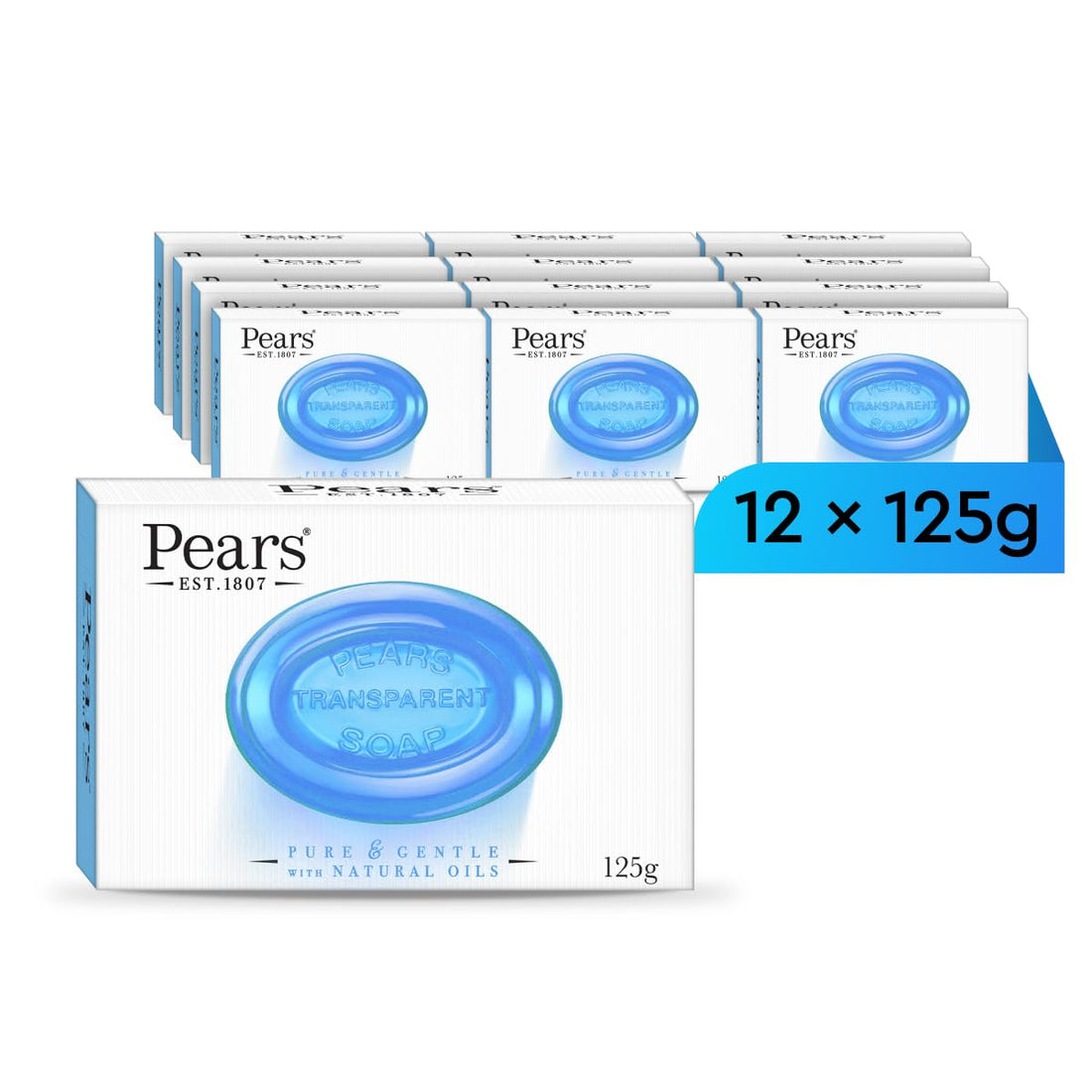 Pears Pure & Gentle Transparent Natural Soap Bar - Made with Mint Extracts, Nourishing and Refreshing Bathing Cleanser, Gentle & Soothing Skin Care, Pure Transparency, Pack of 12 x 125g Halalzen