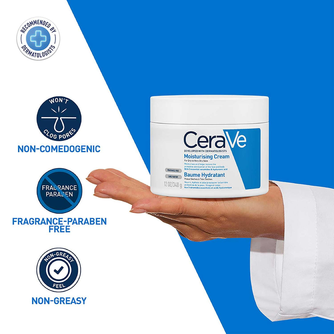 CeraVe Moisturising Cream Pot with 3 Essential Ceramides and Hyaluronic Acid for Dry to Very Dry Skin 340g, Dermatological Skincare, Fragrance-Free, Non-Comedogenic