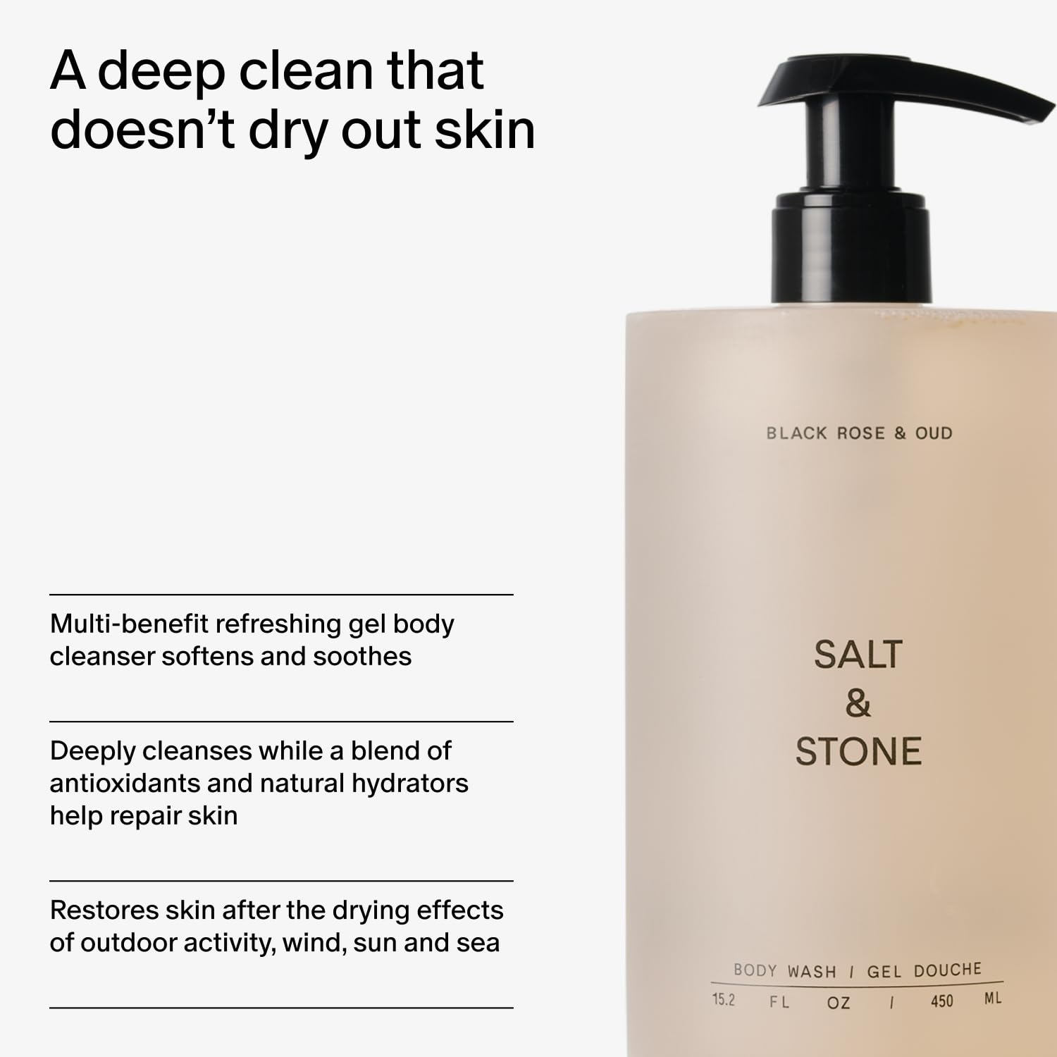 Salt & Stone Body Wash with Antioxidants for Deep Moisture | For Women & Men, Sulfate, Paraben, & Dye Free, Leaving Skin Soft and Hydrated | Bergamot & Hinoki 15.2 fl oz