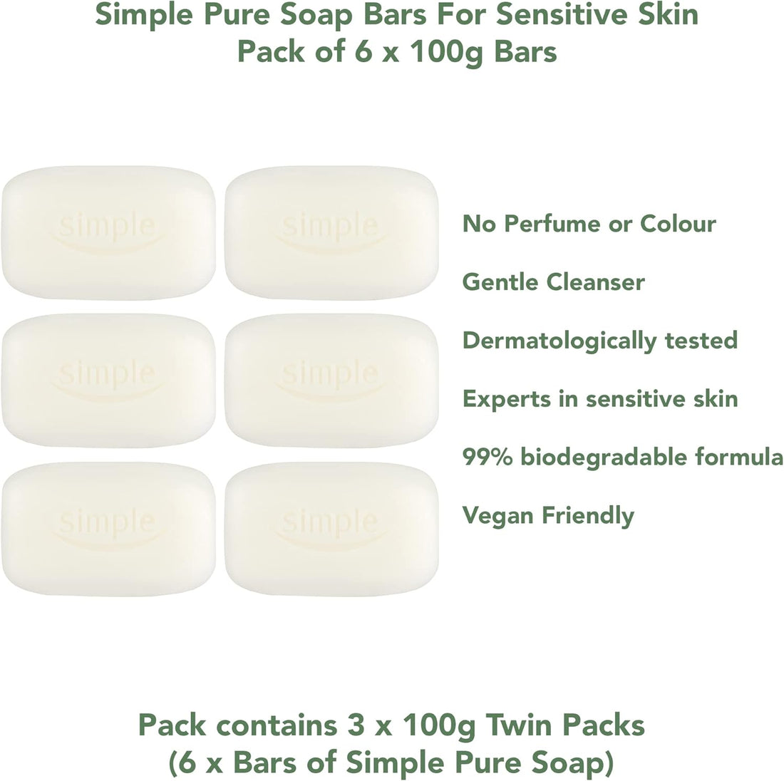 PBW INTERNATIONAL Simple Pure Soap Bars For Sensitive Skin Pack of 6 (6 x 100g) - 3 x Twin Packs Halalzen