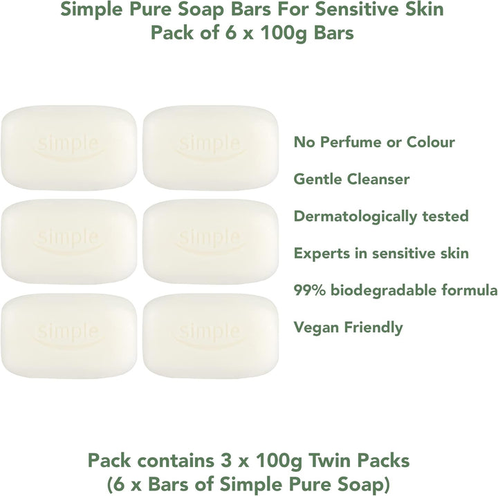 PBW INTERNATIONAL Simple Pure Soap Bars For Sensitive Skin Pack of 6 (6 x 100g) - 3 x Twin Packs Halalzen