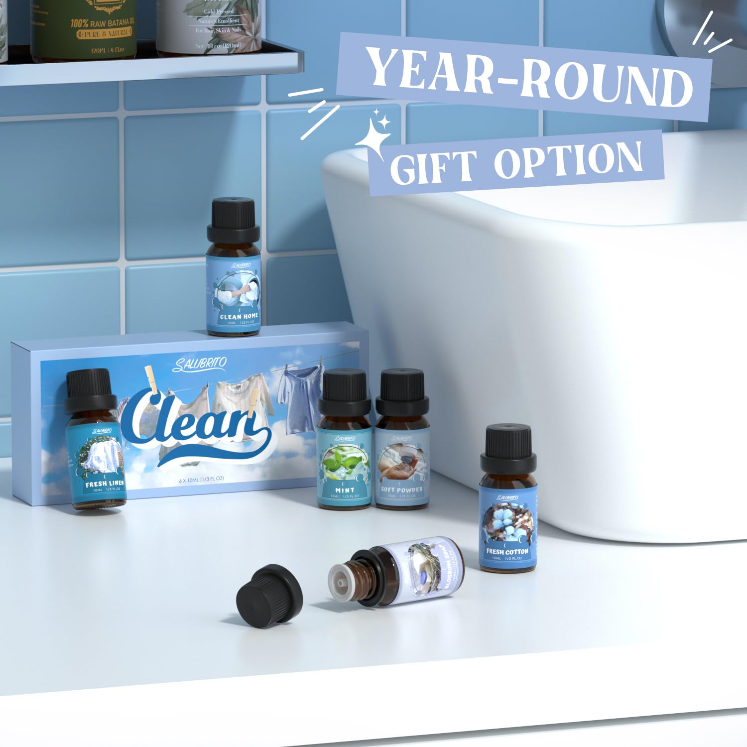 SALUBRITO Clean Essential Oils Set, Fresh Cotton, Clean Home, Fresh Linen, Soft Powder, Blossom Soap, Mint Scented Oils for for Diffuser, Candle, Soap Making