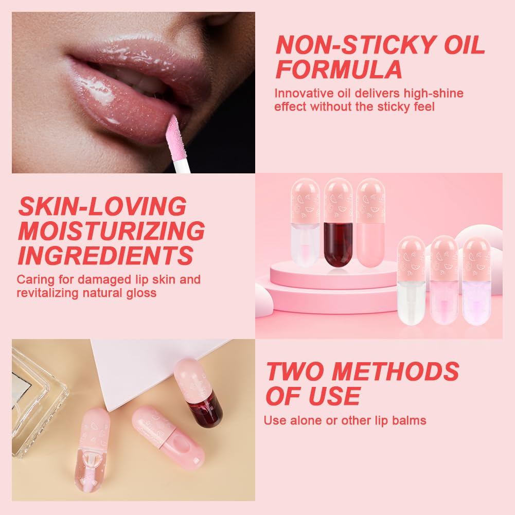 AOOWU 6 Pcs Hydrating Lip Oil Set, Fruit-Flavored Plumping Lip Oil, Long Lasting Lip Glow Balm Lip Care, Transparent Moisturizing No-Sticky Lip Gloss(Peaches,Orange,Avocado,Strawberry,Grape,Cherry)8ML