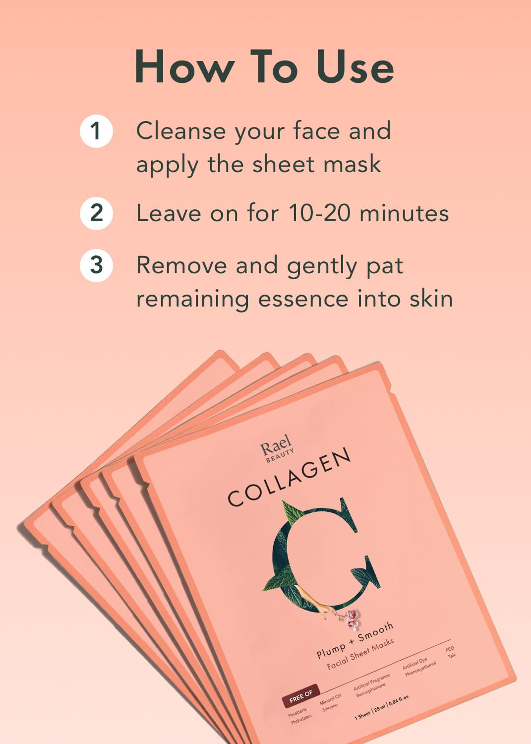 Rael Beauty Collagen + PDRN Face Masks - Korean Skincare for Glass Skin, Smoothing, Salmon PDRN & Hydrolyzed Collagen & Hyaluronic Acid, Anti-Slip Grip, Fragrance & PEGs & Cruelty Free (4 Sheets)