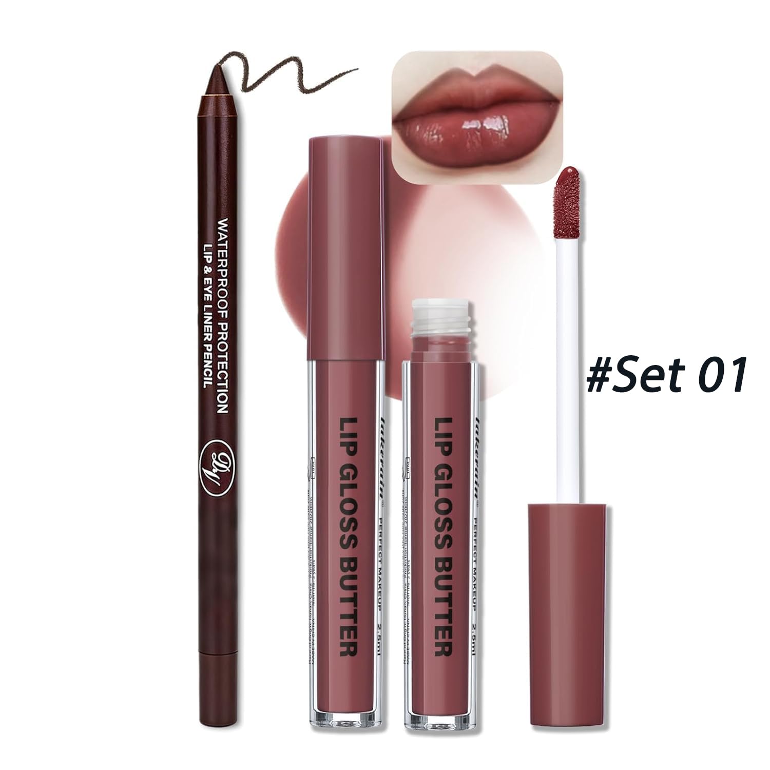 Lip Gloss and Lip Liner Set, Tinted Lip Gloss with Lip Pencil, Waterproof Long Lasting Glossy Lip Combo, Nude Lip Makeup Kit for Women (#V02+104) Halalzen