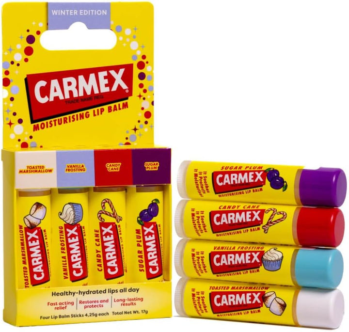 Carmex Lip Balm Set – Pack of 4 | Marshmallow, Vanilla, Candy Cane & Sugar Plum | 24H Hydration | Visibly Softer Lips After 1 Use | Travel-Friendly| Clinically Proven to Reduce Dryness & Fine Lines