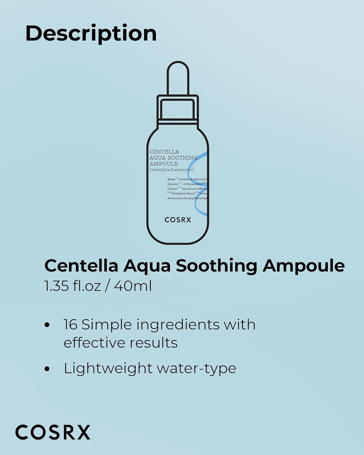 COSRX Hydrium Centella Aqua Soothing Ampoule | 40ml/1.35 fl.oz | Centella Asiatica (Cica) 42% Lightweight Facial Moisturiser Essence | Daily Serum | Korean Skin Care, Animal Testing Free, Paraben Free
