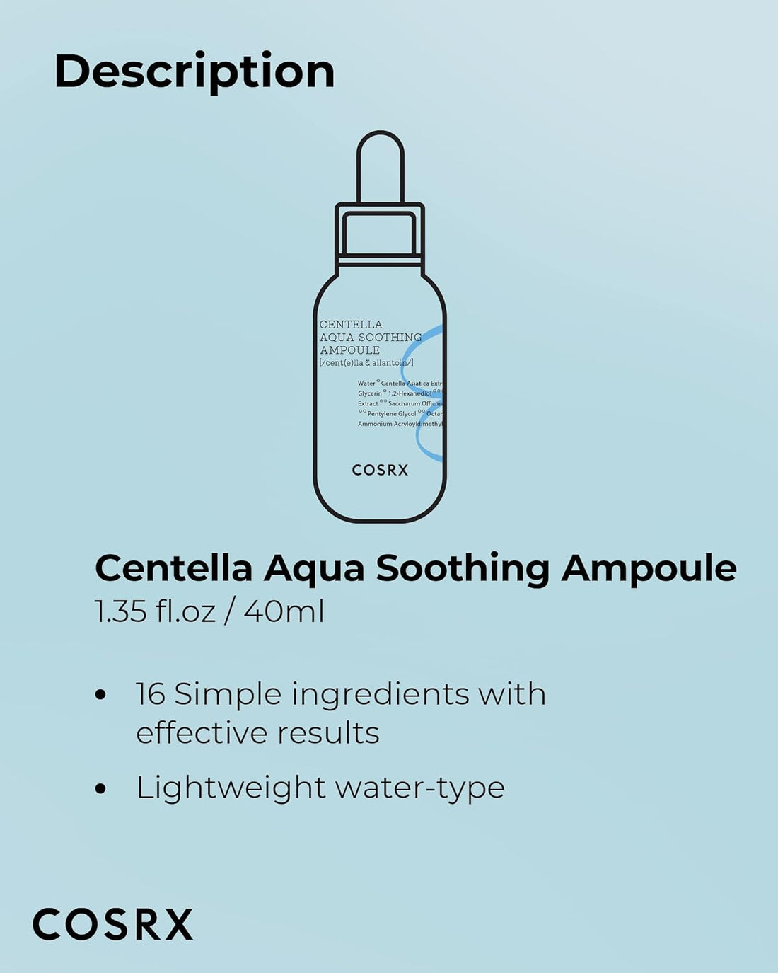 COSRX Hydrium Centella Aqua Soothing Ampoule | 40ml/1.35 fl.oz | Centella Asiatica (Cica) 42% Lightweight Facial Moisturiser Essence | Daily Serum | Korean Skin Care, Animal Testing Free, Paraben Free