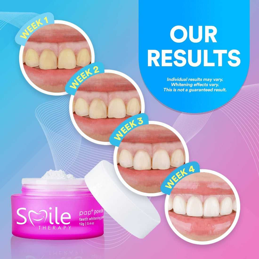 Smile Therapy Teeth Whitening Powder for Stain Removal, Enamel Safe, 6M Use | PAP+ technology, remove coffee tea wine stains, lifts dullness, gum safe, no abrasives, natural ingredients