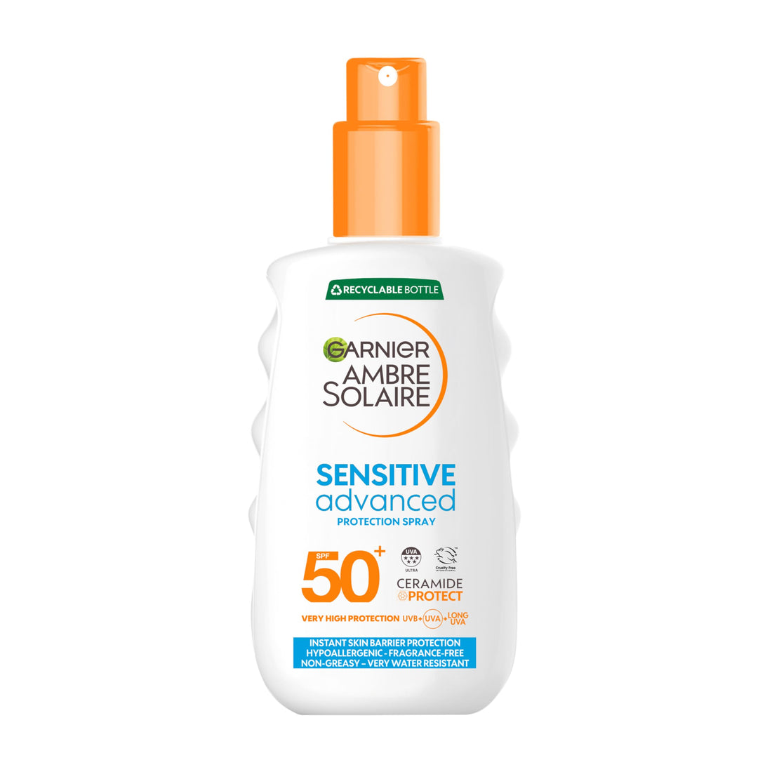Garnier Ambre Solaire Sun Cream Spray SPF50+ Sensitive Advanced Sunscreen, Factor 50, Water Resistant, Non-Greasy, Fragrance-Free, Hypoallergenic, UVA UVB Protect with Ceramide, 150ml