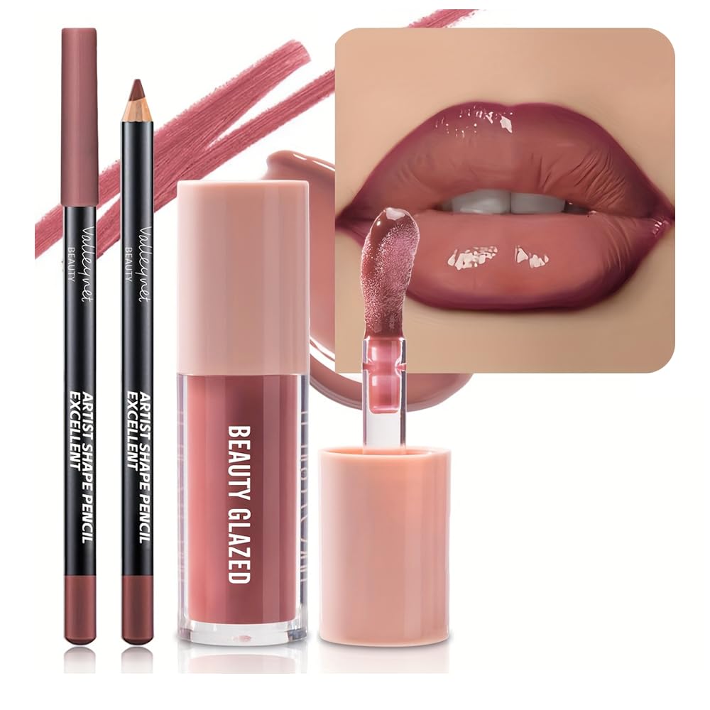 Lip Gloss and Lip Liner Set, Tinted Lip Gloss with Lip Pencil, Waterproof Long Lasting Glossy Lip Combo, Nude Lip Makeup Kit for Women (#V02+104) Halalzen