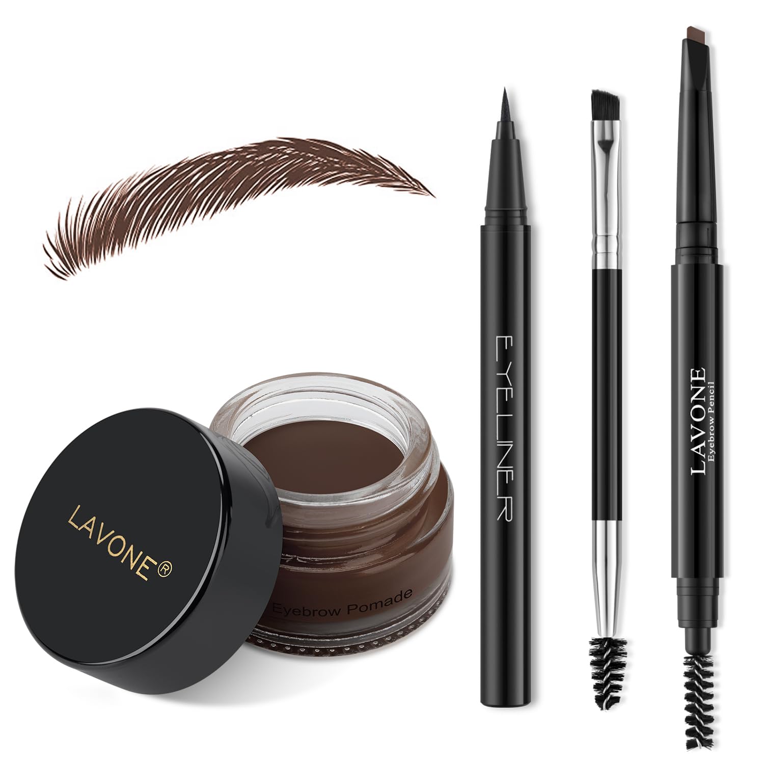 LAVONE Makeup Kit With Eyebrow Stamp Pencil, Waterproof Brow Pencil & Pomade, Eyeliner, Dual-ended Eyebrow Brush, Dark Brown