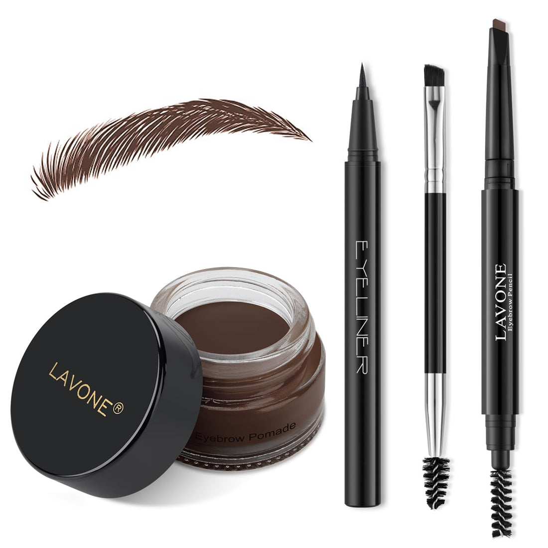 LAVONE Makeup Kit With Eyebrow Stamp Pencil, Waterproof Brow Pencil & Pomade, Eyeliner, Dual-ended Eyebrow Brush, Dark Brown